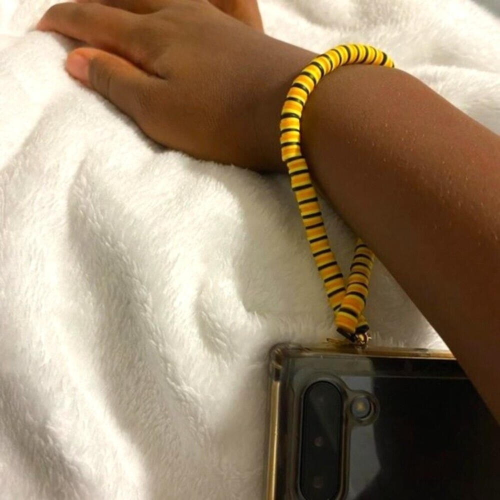 Handmade Yellow & Black Bumblebee Heishi Polymer Clay Beads Stretchy Phone Strap
